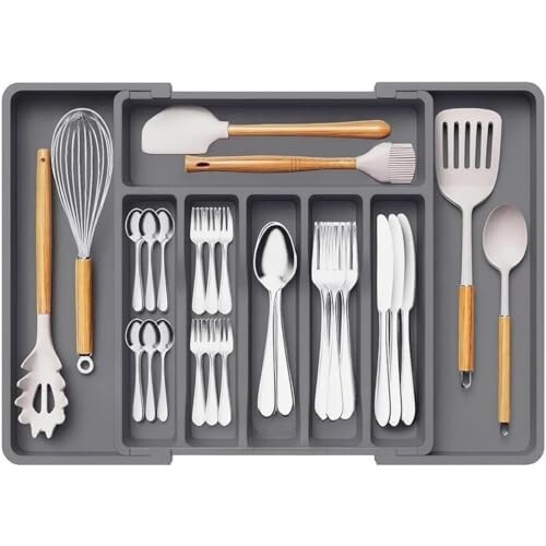 Aliensware Expandable Slider Kitchen Drawer Organizer, BPA Free Utensil, Adjustable Flatware & Cutlery Holder/Divider Tray for Spoons Forks, Knives Tableware Storage-13-22.4 X15X2 inch(8-Slots/Grey)