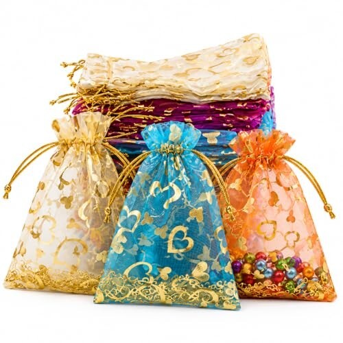 ProKart Premium Jewellery Pouch Organza Party Favor | Shagun Potli Bags | Gift Pouches for Return Gifts | Dry Fruits Packing (Mixed Color, Pack of 30)