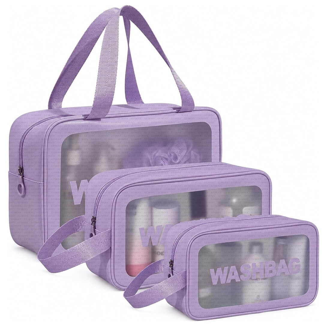 LUMONY® Makeup Pouch Bag PVC Travel Toiletries Organizer Cosmetic Bags Wash Bag Pouch for Travel Kit Toiletry Bag Portable Organizer Case Carry Pouch for Women Bathroom Set of 3 (Purple-Colors)