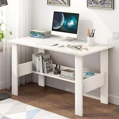 Amazon Brand - Solimo Study Table | Engineered Wood Computer Desk with Storage Shelf | Laptop & Writing Desk for Home Office & Students | White | L 90 x W 50 x H 77 cm
