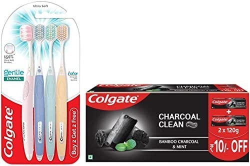 Colgate Adult Gentle Enamel Ultra Soft Bristles Manual Toothbrush 4 Pcs (Buy2 Get 2) & Colgate Charcoal Clean Black Gel Toothpaste, Pack Of 240G (120G X 2)