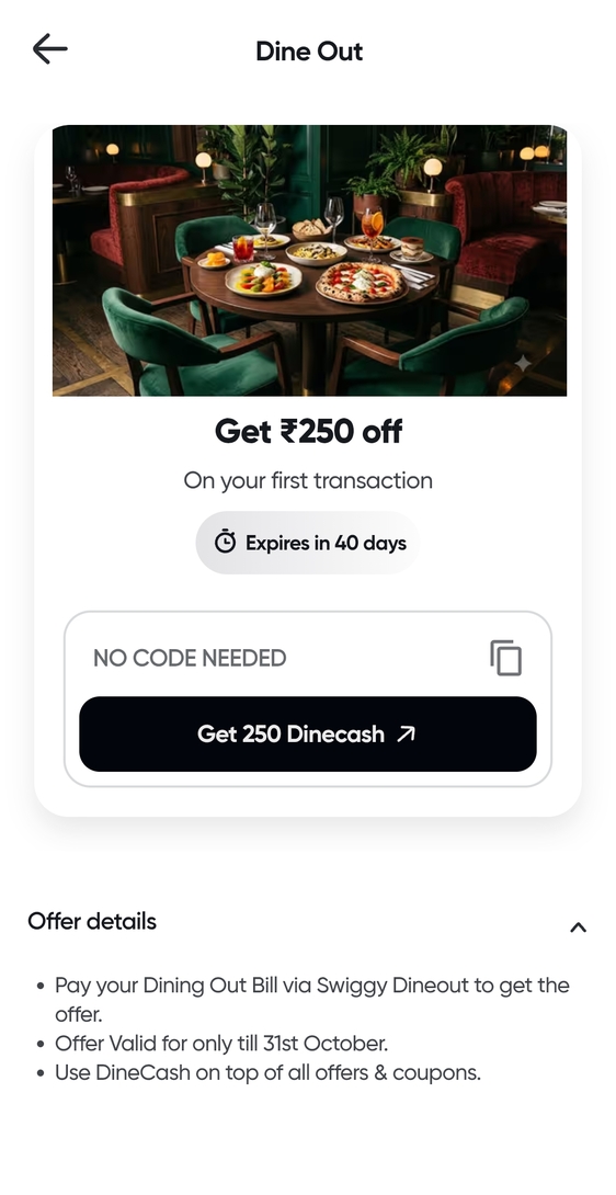 GET FREE 250 SWIGGY DINECASH | New Users