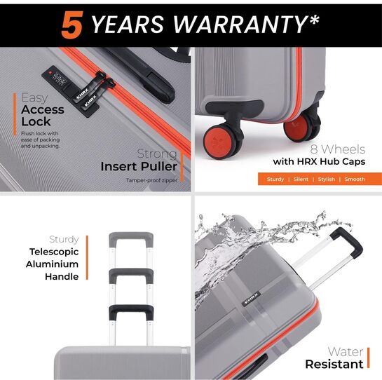 [Prime Rewards can be account specific] HRX Helium 3-Piece Luggage Set Intergallcatic Grey Polypropylene Hard Shell Suitcase Set - Premium Travel Trolley Bags with 8 Spinner Wheels, Number Lock & Water Resistant Body