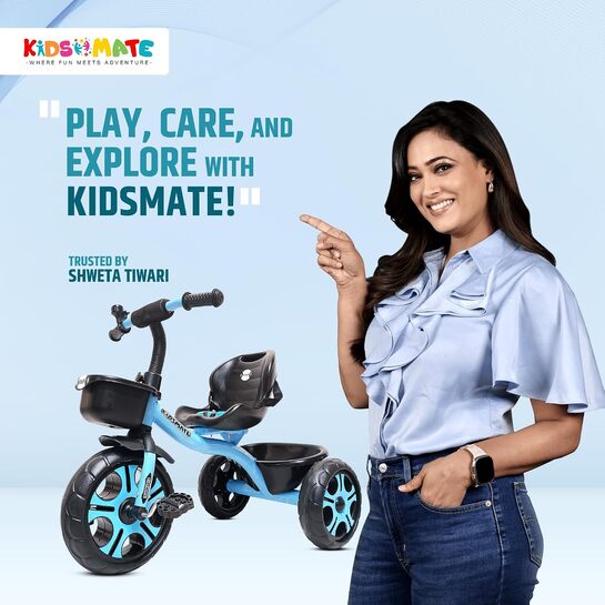 [Prime reward plus Credit card payment] Kidsmate Ninja Plug N Play Blue Tricycle with Storage Basket, Cushion Seat and Seat Belt | Designed to carry weights upto 30 kilograms