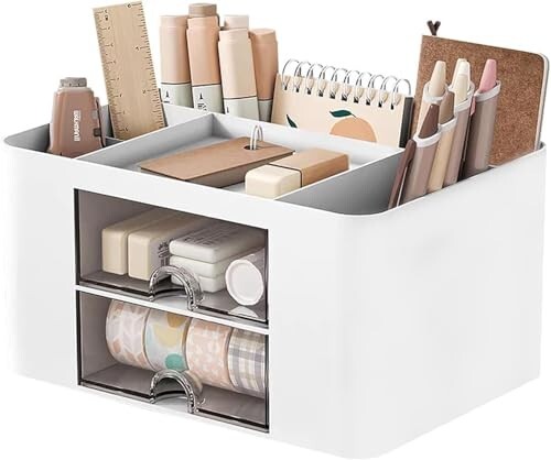 UCRAVO Plastic Multi-Functional Desk Organiser with 5 Compartments and 2 Drawer Desktop Office Supplies 