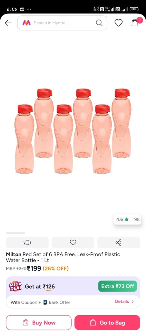 Myntra: Milton 1lt bottol 6pc 139rs (23rs/pc)