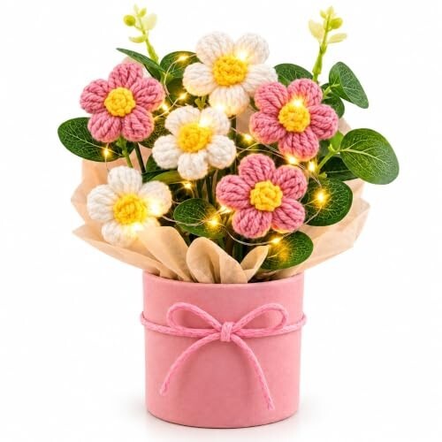 Knitted Yarn Flower Pot with Light