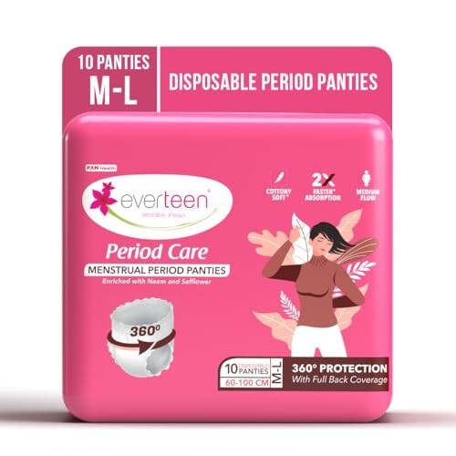 everteen Period Care M-L Disposable Period Panties For Women, Cottony Soft, Menstrual Sanitary Pads Panty Enriched with Goodness of Neem and Safflower – 1 Pack (10 Panties) 2x Faster Absorption, 360° Protection