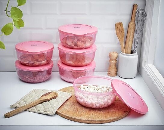 Amazon Brand - Solimo Nestable & Stackable Container Set, Round, 1900 Ml, Set Of 6, Pink - Plastic