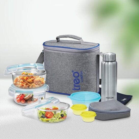 Milton Treo All Fresh Premier Glass Tiffin with Bag, Set of 8 (3 Containers, 400ml Each; 1 Steel Bottle, 750 ml; 2 - Pickle/Chutney Dabba, 30ml Each; 1 Salad/Papad Dabba, 200ml; 1 Dining Mat)