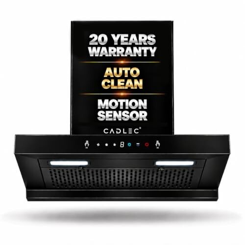 CADLEC PeakFlow 60cm T-Shape Kitchen Chimney | 1400 m³/hr High Suction, Filterless Auto Clean, Touch & Gesture Control, Oil Collector | Black