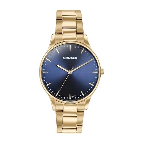 Sonata Quartz Analog Blue Dial Golden Stainless Steel Strap Watch for Men