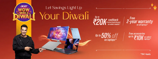 WOW Wali Diwali - Upto 50% Off on laptops, Cashback, Free 2 year Warranty + Free accessories 