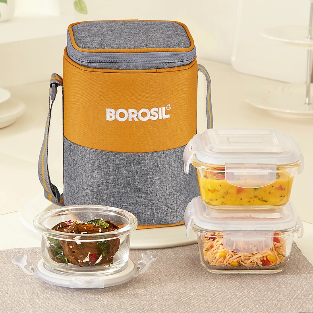 BOROSIL Zest Borosilicate Glass Lunchbox, 3pc Set (320ml x 2 + 24...more