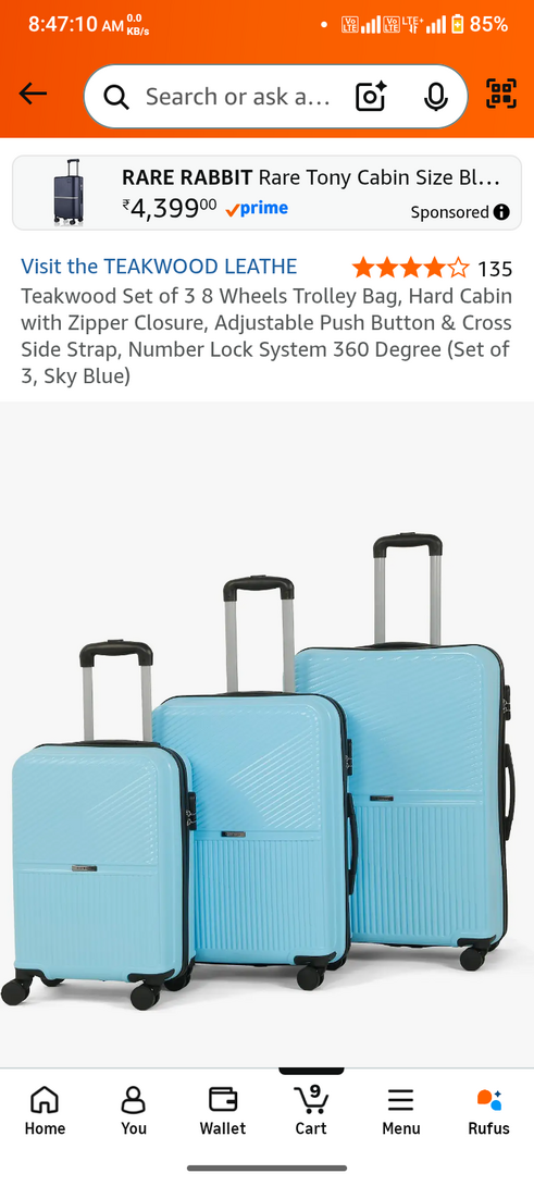 Teakwood Set of 3 8 Wheels Trolley Bag, Hard Cabin with Zipper Closure, Adjustable Push Button & Cross Side Strap, Number Lock System 360 Degree (Set of 3, Sky Blue)