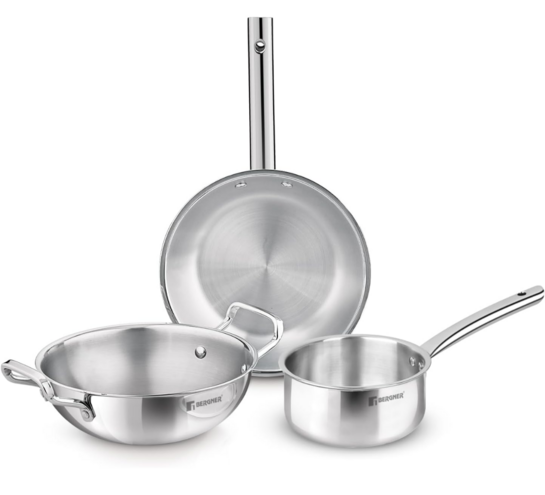 Bergner TriPro 3 Pcs Tri-Ply Stainless Steel Cookware Set | Kadai, Frypan & Teapan for Induction & Gas Stove