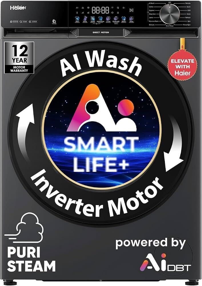 Haier 9 Kg, 5 Star, AI Smart LIFE+, Hygienic Care, Motor, WiFi, Fully Automatic Front Load Washing Machine