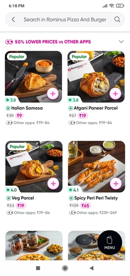 9₹ italian samosa Rominus pizza and burger on toing