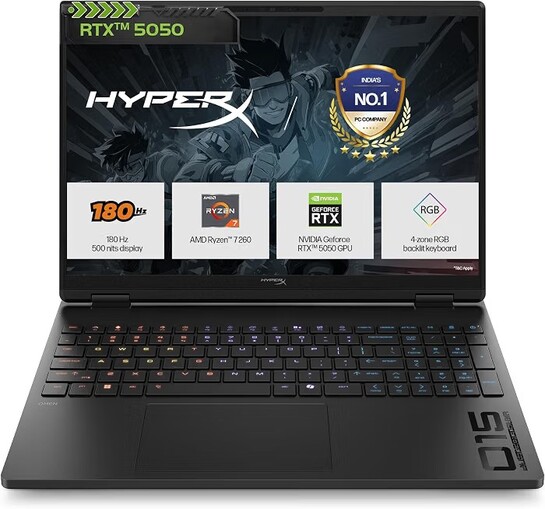 HP Smartchoice HyperX OMEN 15, AMD Ryzen 7 260, 8GB-RTX 5050, 24GB DDR5 (Upgradeable), 1TB SSD, 180Hz