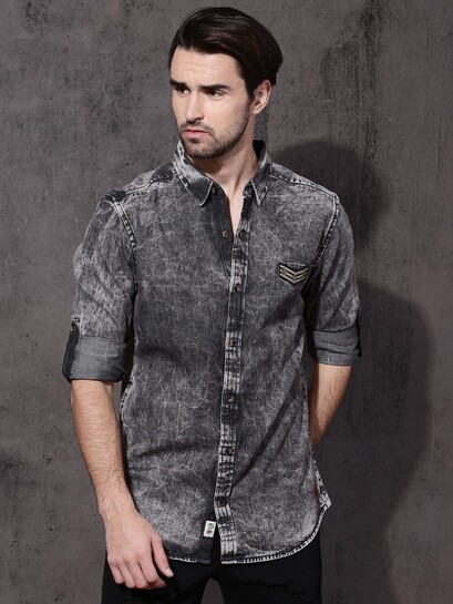 Buy Roadster Men Black Slim Fit Faded Denim Shirt - Shirts for Men 2130555 | Myntra