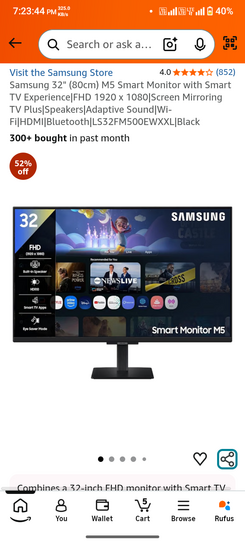 Samsung 32" (80cm) M5 Smart Monitor with Smart TV Experience|FHD 1920 x 1080|Screen Mirroring TV Plus|Speakers|Adaptive Sound|Wi-Fi|HDMI|Bluetooth|LS32FM500EWXXL|Black
