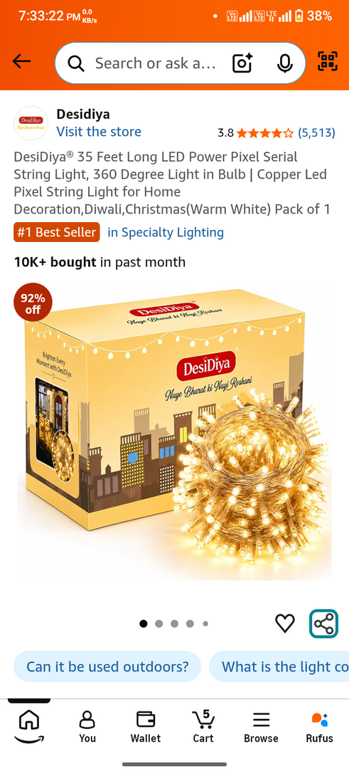 DesiDiya 35 Feet LED Pixel Serial String Light (Warm White, Pack of 1) | 360-Degree Copper Wire Decorative Lights for Diwali, Christmas, Wedding & Home Decoration