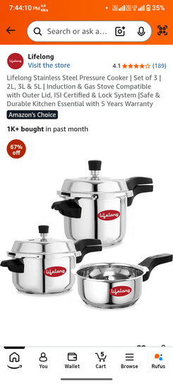 Lifelong Stainless Steel Pressure Cooker | Set of 3 | 2L, 3L & 5L | Induction & Gas Stove Compatible with Outer Lid