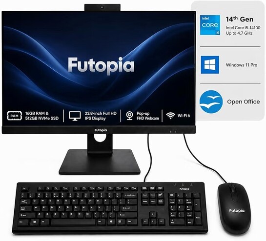 FUTOPIA 23.8" Full HD IPS All-in-One Desktop | Intel Core i5-14400 (Up to 4.70GHz) | 16GB RAM | 512GB NVMe SSD | Pop-up FHD Webcam | Wi-Fi 6 | Windows 11 Pro | Keyboard & Mouse Included