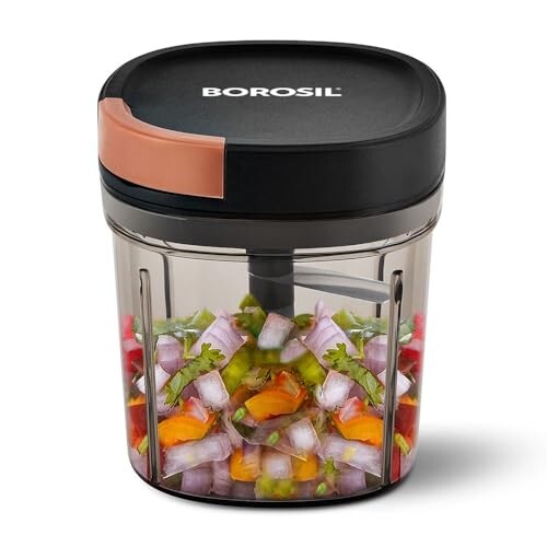 Borosil EazyPull Hand-Pull Vegetable Chopper with 6 Stainless Steel Blades (900ml) – BPA-Free Food & Herb Chopper for Kitchen