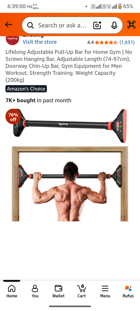 Lifelong Adjustable Pull-Up Bar for Home Gym | No Screws Hanging Bar, Adjustable Length (74-97cm), Doorway Chin-Up Bar, Gym Equipment for Men Workout, Strength Training. Weight Capacity (200kg)