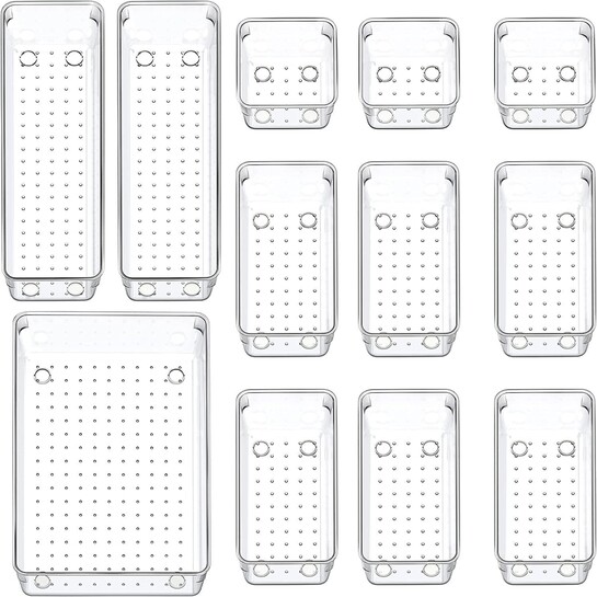 Arto Clear Transparent Acrylic Drawer Organizer Set with Various Size for Bathroom,Bedroom Dresser,Cosmetics Makeup,Kitchen Utensil,Office,Stationery,Drawer Tray Dividers,Vanity Trays (Pack of 12)
