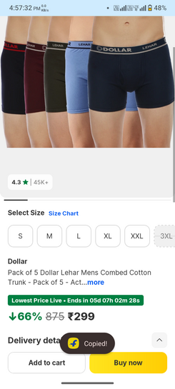 Pack of 5 Dollar Lehar Mens Combed Cotton Trunk - Pack of 5 - Actual Colour May Vary Solid Men Trunk