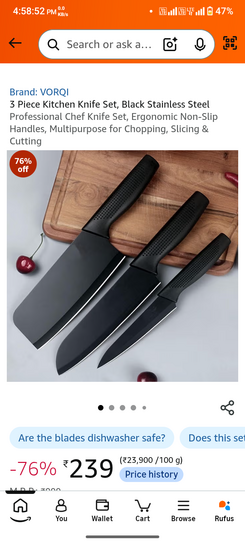 Brand: VORQI 3 Piece Kitchen Knife Set, Black Stainless Steel Professional Chef Knife Set, Ergonomic Non-Slip Handles, Multipurpose for Chopping, Slicing & Cutting