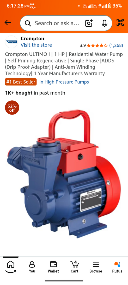 Crompton 1 HP Residential Water Pump @3879. 