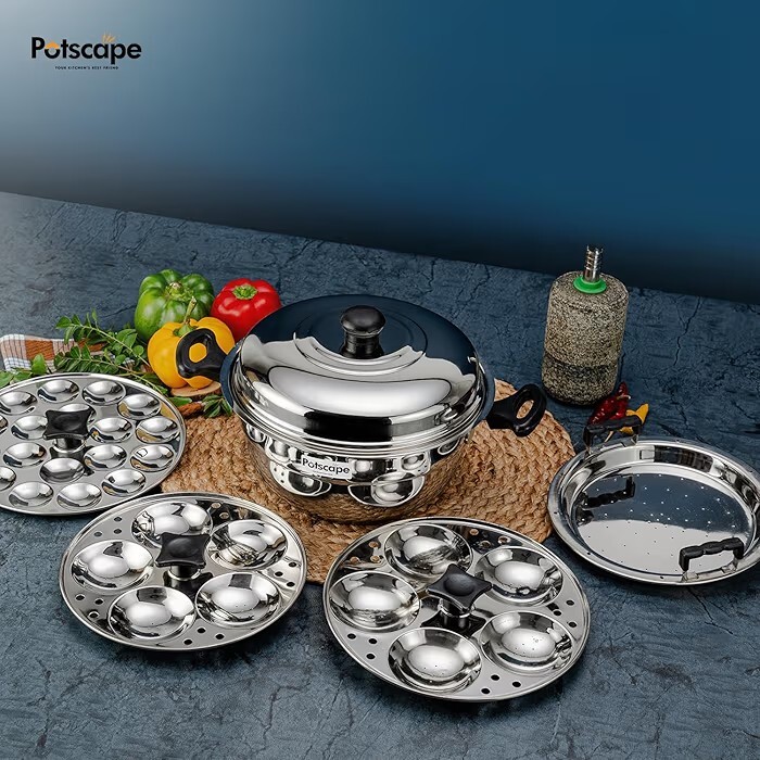 Potscape Maxx Idlipot - Multi Idli Pot Stainless Steel - Compatible with Gas & Induction - Includes Dhokla Maker with Steamer, 2 Idli Plates, 1 Mini Idli Plate