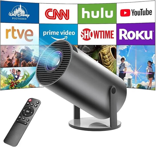 BIGASUO Mini Projector, Portable Projector with WiFi and Bluetooth, Built-in Apps, Supports 4K 1080P, 180° Rotation, Car Keystone, Movie Projector