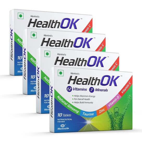 Available again! Health Ok Mankind's Multivitamin with Natural Ginseng & Taurine Power; Lemon Flavour,100% Vegetarian (4 x 10 tablets), 200 grams