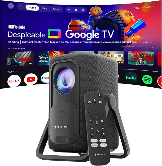 Zebronics Official Google TV Projector, 7500 Lumens, 4K Support, 200” Display, Auto Focus & Keystone