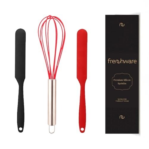 Frenchware (Set of 3, 2 Jar Spatulas & 1 Whisk, Red & Black) Non-Stick Premium Silicone Spatula for Cooking, Baking & Mixing, Seamless Design