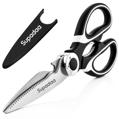 Multipurpose Kitchen Scissors, Heavy Duty Stainless Steel Food Shears with Bottle Opener, Premium Kitchen Shears for Cutting Meat, Chicken, Fish, Seafood, Vegetables & Herbs, Black