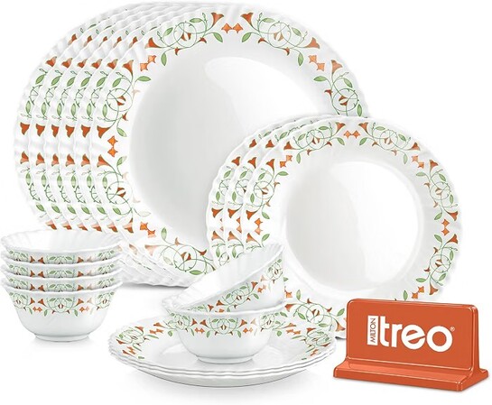 Treo by Milton Opalware Aurelia Meena Dinner Set of 18 | Serving for 6 | Microwave & Dishwasher Safe
