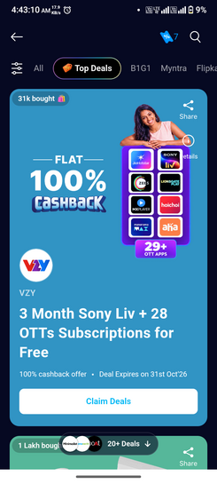 Paytm VZY: 3 Month Sony Liv + 28 OTTs Subscriptions for Free from VZY