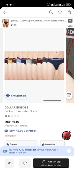 Ajio loot:10pcs assorted dollar bigboss briefs 14/pc @140 