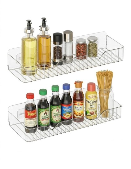 Arto Pack of 2 Kitchen Organiser & Bathroom Shelf - Hollow Drainage Rack for Spices, Oil, Cosmetics - Multipurpose Countertop Stand, Transparent, Heavy Duty