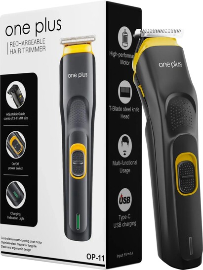 One Plus OP 11 Cordless Professional Hair Trimmer Titanium coated blade waterproof Trimmer 120 min  Runtime 4 Length Settings (Black, Yellow)
