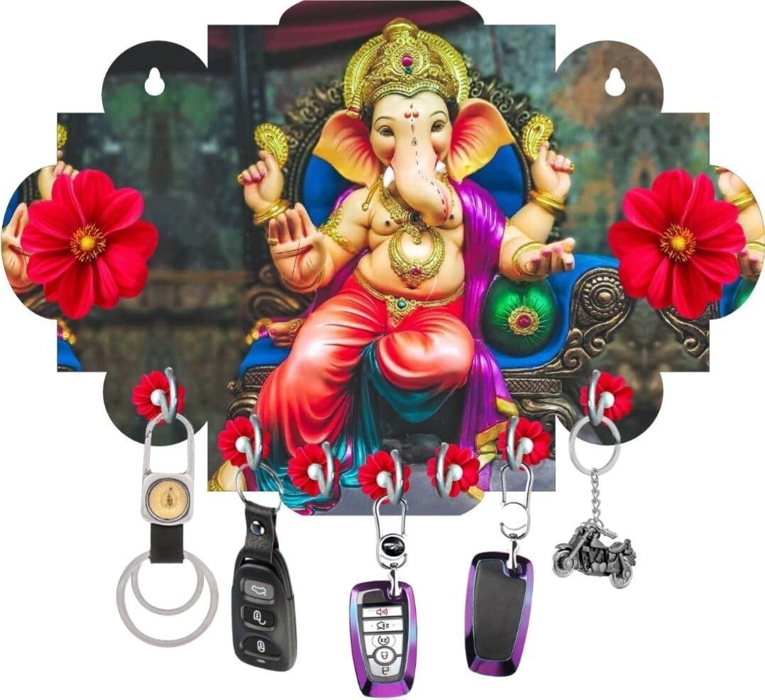 Wood Ganesh Key Hanger for Home Decor and Hanging Wood Key Holder (7 Hooks, Multicolor)_fanti red Dhoti Ganesh