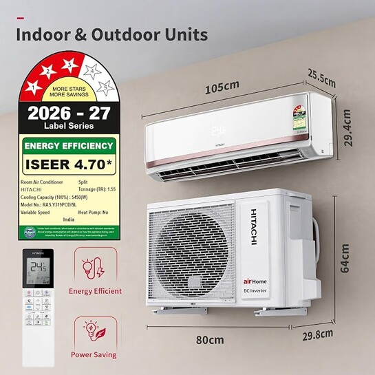 Hitachi 1.5 Ton 3 Star, New Star rated, Heavy Duty Smart Inverter Split AC