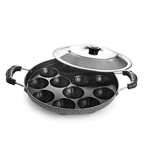 CELLO Aluminium Nonstick 12 Cavity Appam Patra Pan Maker with Steel Lid, Black | 2 Side Riveted Handle, 