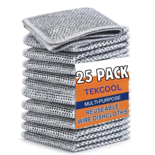 TEKCOOL (25 Pack) Non-Scratch Dish Wash Cloth, Steel Wire Dish Cloth, Wire Dishwashing Rags Stainless Steel Scrubber