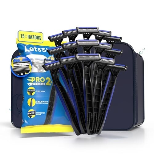 LetsShave Men Pro 2 Plus Disposable Shaving Razor | Stainless Steel Made In South Korea |  Pack Of 15 + Travel Pouch